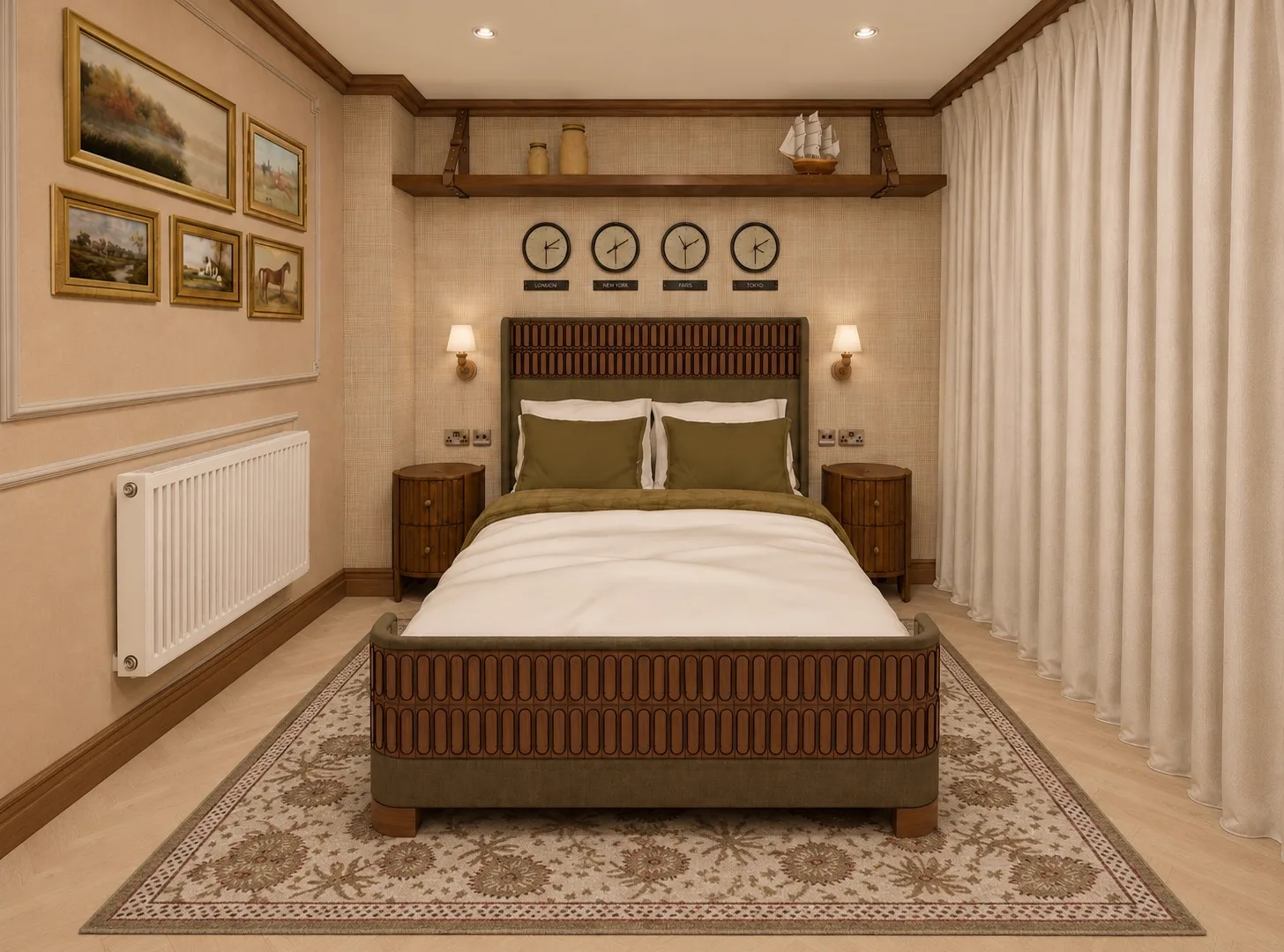 Quarto com cabeceira de madeira e cortinas claras