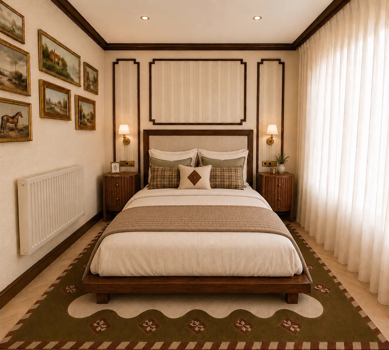 Quarto da residência de Londres, com tapete verde e quadros de paisagem