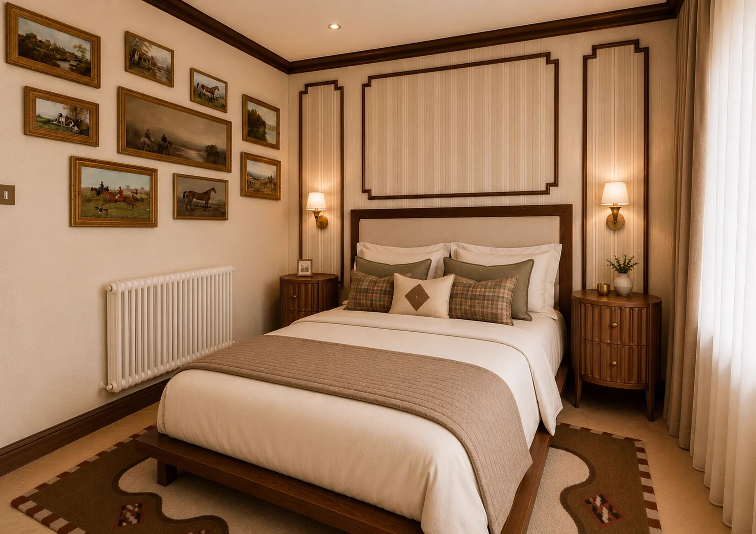 Quarto com quadros equestres e luminárias de parede