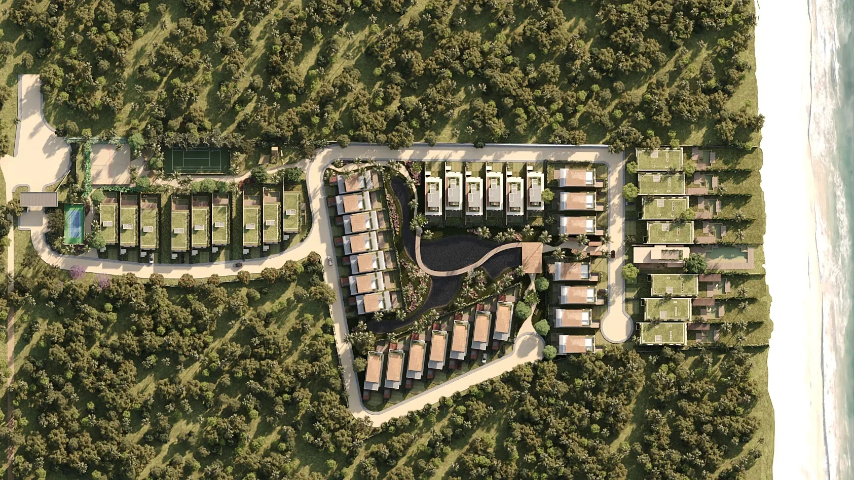 Implantação do Bossa Eco Luxury Villas junto à Praia do Toque, vista aérea