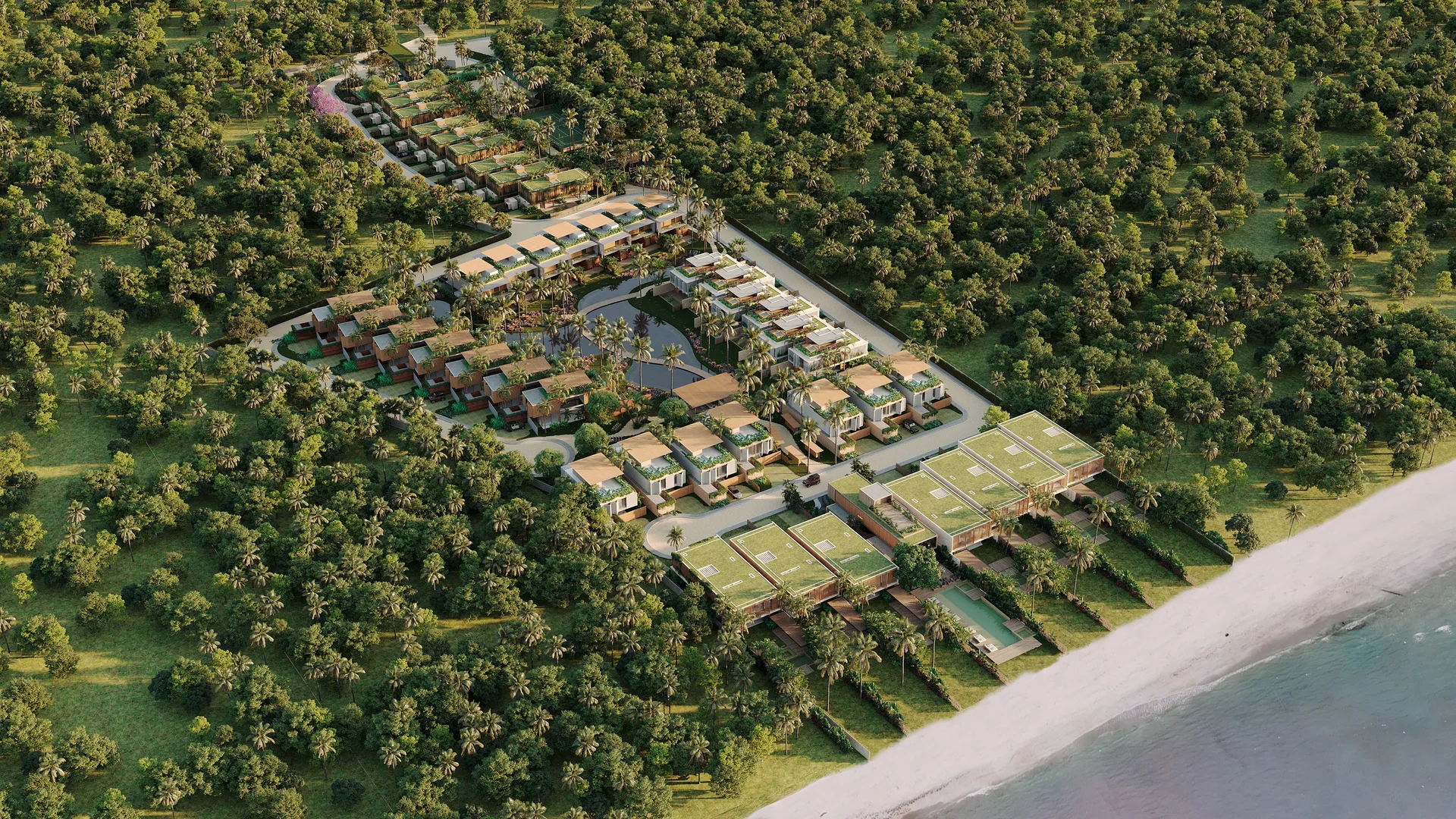 Vista aérea do Bossa Eco Luxury Villas, com a villa Pé na Areia de frente para o mar