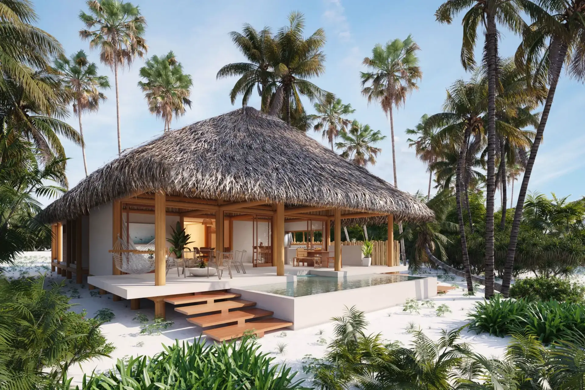 Projeto da villa Camocim, com cobertura de palha e piscina, na Vila Carnaúba, Preá