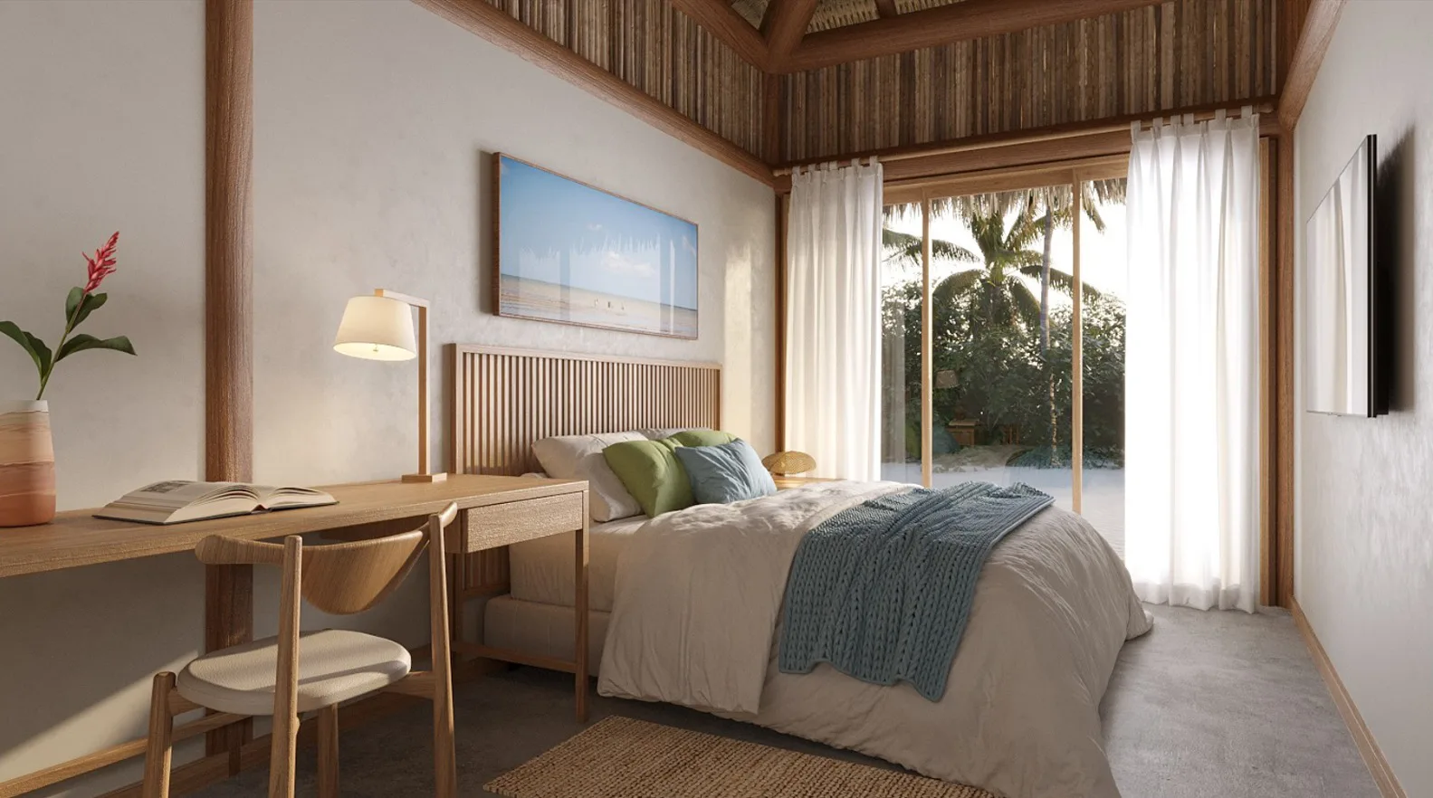 Quarto da villa Camocim, aberto para o verde